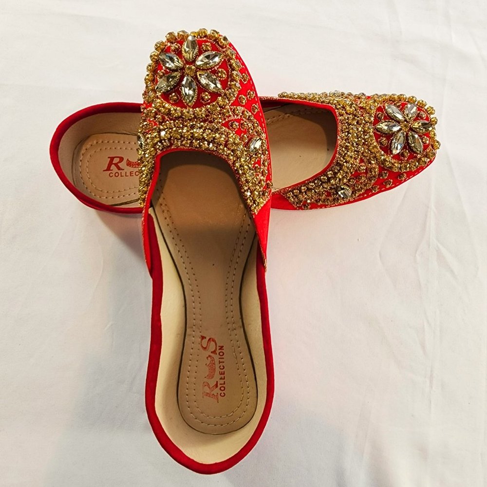 Womens Stone-Embroidered Red Khussa Punjabi-Jutti US Size 6 & 9 Pakistani Indian